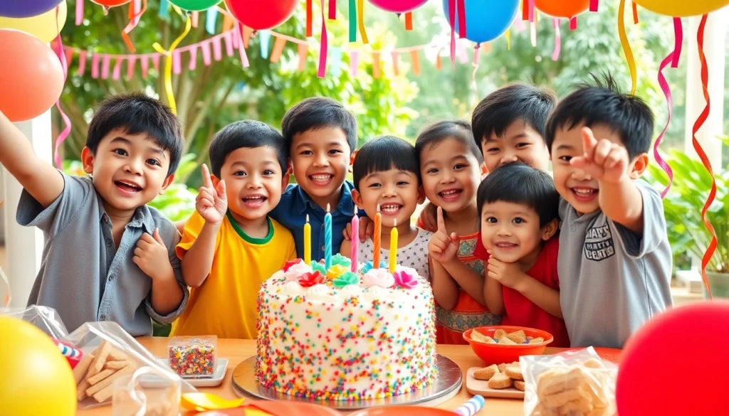 Children enjoying a Singapore birthday party with colorful decorations and a festive cake.