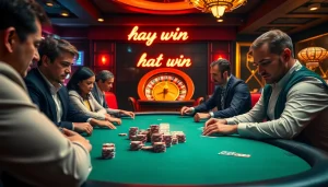 Experience the thrill of Hay win at a luxurious poker table with professional players and vibrant casino ambiance.