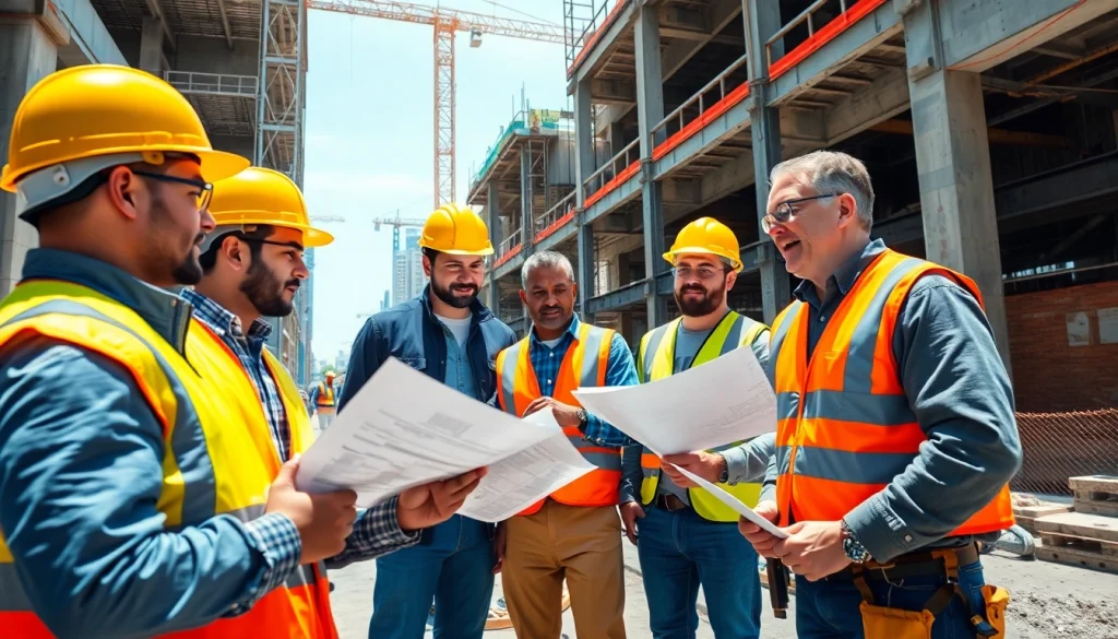 Engaged professionals showcasing careers in construction at a bustling urban site.