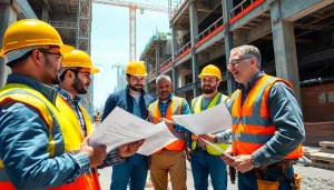 Engaged professionals showcasing careers in construction at a bustling urban site.