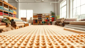 Wafel katoenen stof in een moderne stoffenwinkel met kleurrijke textielrollen.