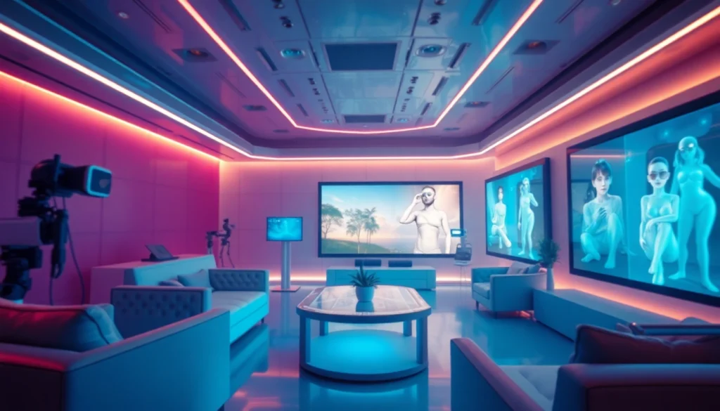 AI NSFW virtual reality lounge with immersive characters and digital interfaces.