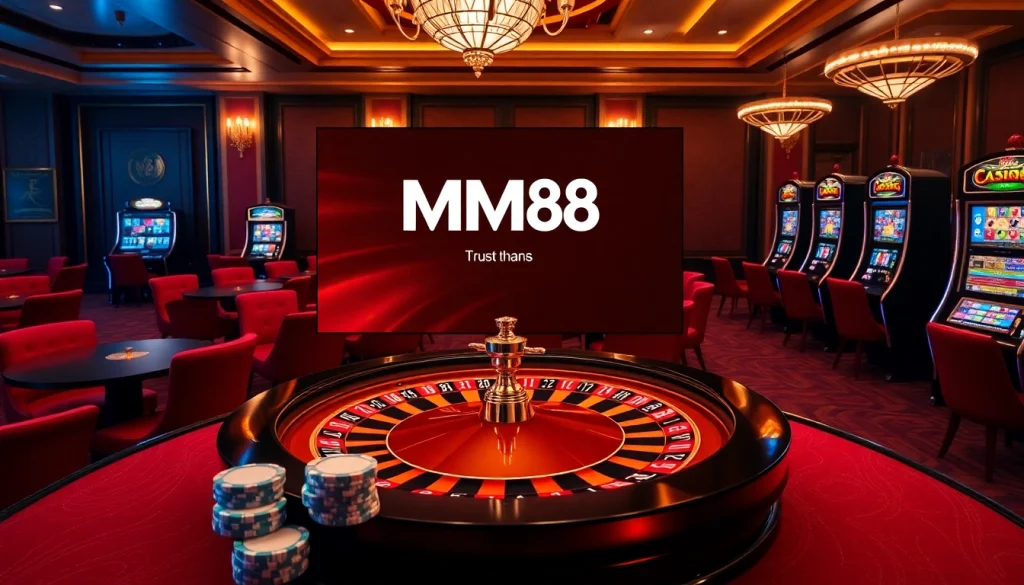 Engaging gambling scene at MM88 with roulette, poker chips, and exciting slot machines.