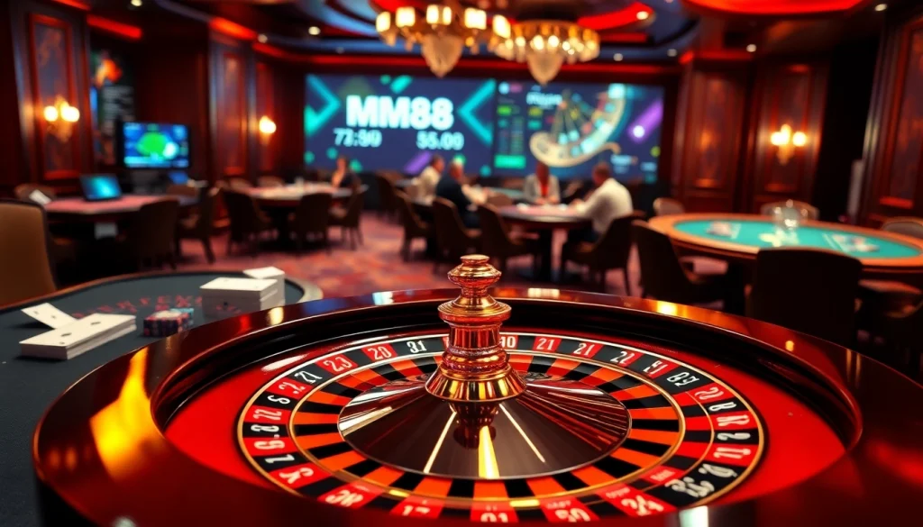 Experience luxury gaming at MM88 with roulette and poker excitement in a vibrant casino scene.