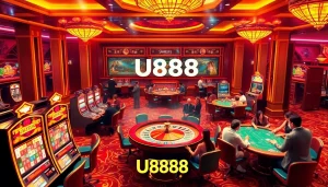 Players enjoy thrilling casino action at U8888 with engaging tables and bright slot machines.