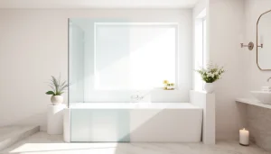 Modern bathtub glass door enhancing a contemporary bathroom with a sleek design.