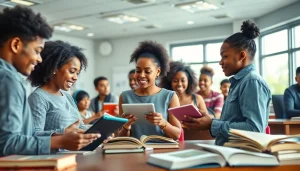 Education-focused classroom with diverse students engaged in interactive learning activities, showcasing innovation and equity.