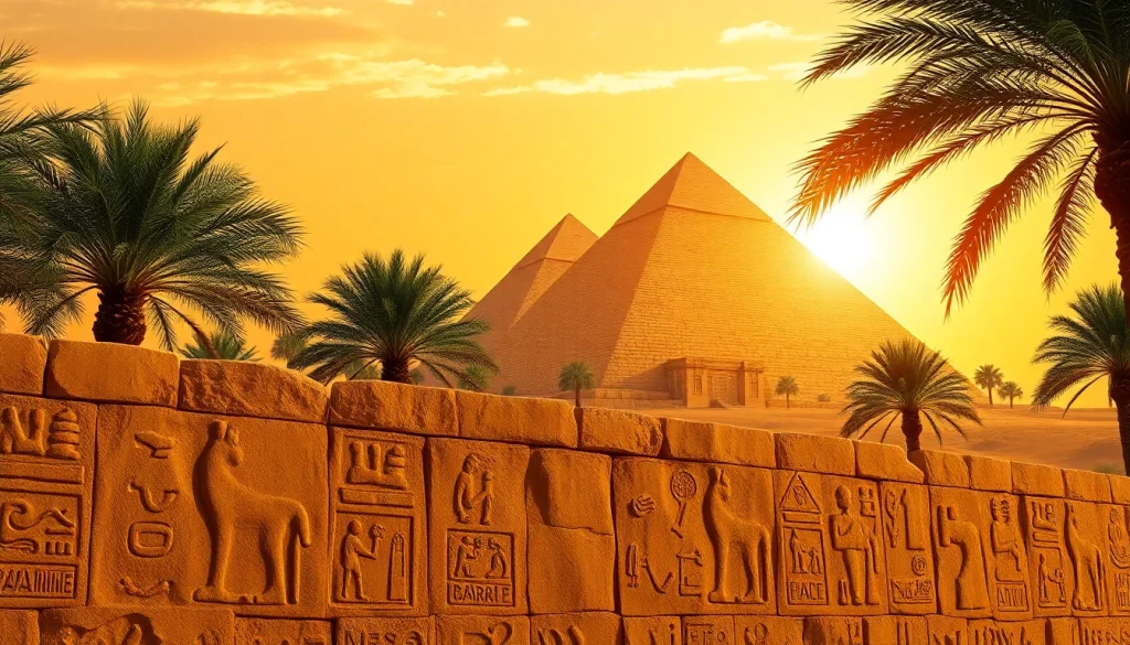 A stunning sunset view showcasing the piraminds against a backdrop of vibrant hues and lush palm trees.