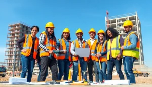 Construction workforce development showing diverse workers training collaboratively on-site.