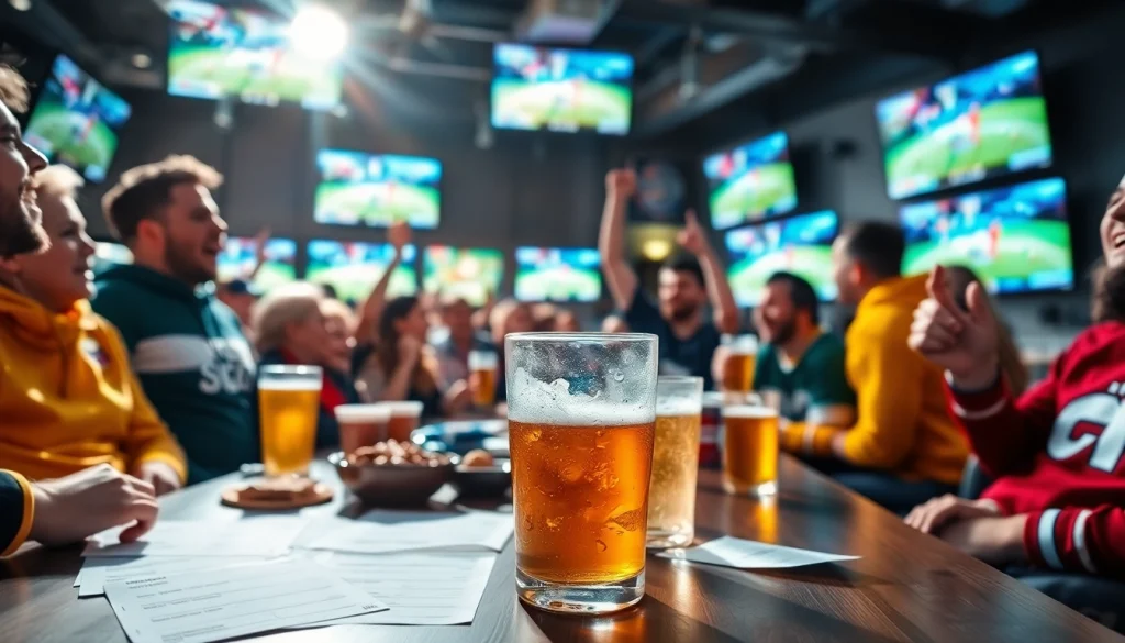 Engaging scene of sports betting in Saskatchewan with fans and betting slips.
