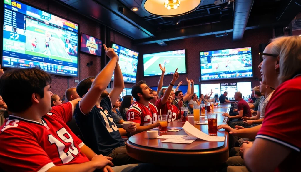 Fans enjoying sports betting in Texas while cheering for their teams in a vibrant sports bar.