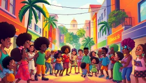 A scene featuring iconic African American cartoons in a vibrant urban setting, celebrating diversity and creativity.