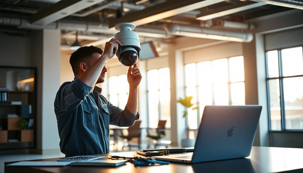 Instalación de cámaras Dahua que muestra a un técnico profesional mejorando la seguridad de la oficina.