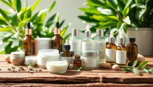 Prikaz prirodnih kozmetika sa botaničkim elementima, prikazujući mirnu atmosferu.