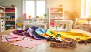 Leer stoffen voor naaien beginners met kleurrijke materialen op een houten tafel.