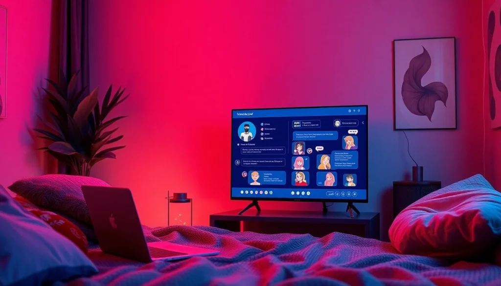 Engaging NSFW AI chatbot interface with vibrant character avatars, warm lighting, and a cozy atmosphere.