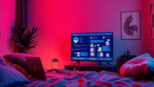 Engaging NSFW AI chatbot interface with vibrant character avatars, warm lighting, and a cozy atmosphere.