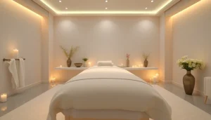 청라마사지 스파룸, 평온한 마사지 테이블, 차분한 분위기 및 편안한 장식이 특징입니다.