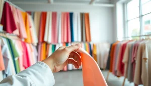 Katoen stof voor kleding: hand selecteer kleurrijke stoffen in een lichte studio.