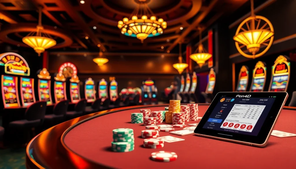 PEN4D login interface showcased in a vibrant casino setting with poker chips, cards, and slot machines.