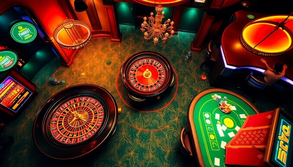 Exciting casino scene showcasing shbet games, poker tables, and roulette wheel in a luxurious setting.