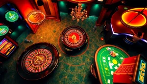 Exciting casino scene showcasing shbet games, poker tables, and roulette wheel in a luxurious setting.