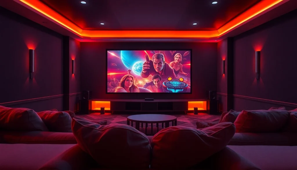 ดูหนังออนไลน์ ภายในโรงภาพยนตร์ที่บ้านที่อบอุ่นและน่าดึงดูดดวงไฟอ่อนสร้างบรรยากาศที่สมบูรณ์แบบ