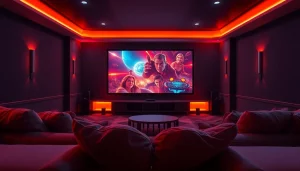 ดูหนังออนไลน์ ภายในโรงภาพยนตร์ที่บ้านที่อบอุ่นและน่าดึงดูดดวงไฟอ่อนสร้างบรรยากาศที่สมบูรณ์แบบ