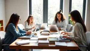 Cisco exam assistance study group engaged in teamwork with textbooks and laptops.