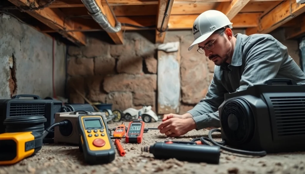 Crawl Space Restoration technician repairing damp areas with tools in a professional environment.