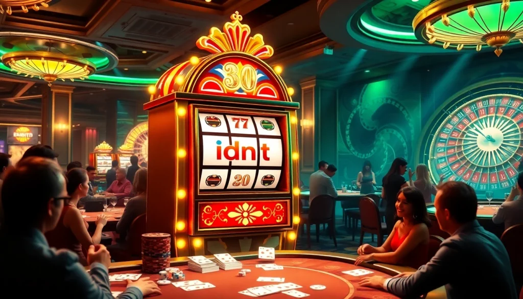 Players enjoying the idnslot casino experience at a vibrant slot machine.