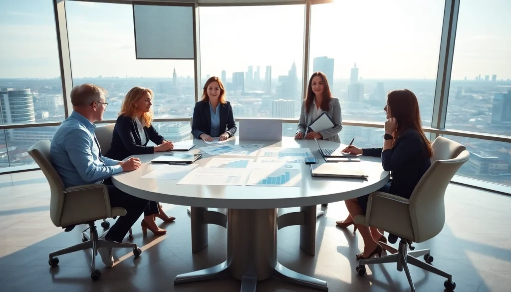 Visualize a Luxembourg holding setup in a professional office scene with diverse business people collaborating.