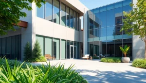 North Main Makeover architecture with modern glass facades and lush greenery.