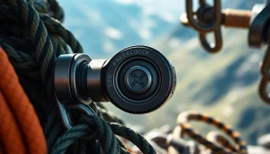 Freelock Mechanismus umgeben von Kletterausrüstung in der Natur.