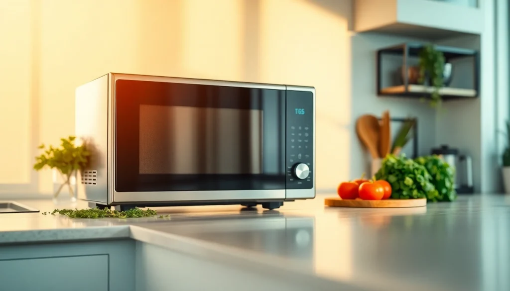 Microwave Oven beautifully set on a modern countertop amidst fresh ingredients, inviting cooking.