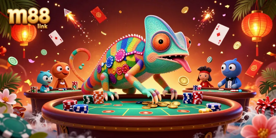 Engage in thrilling poker action with m88 link, featuring a colorful chameleon casino owner amidst vibrant elements.