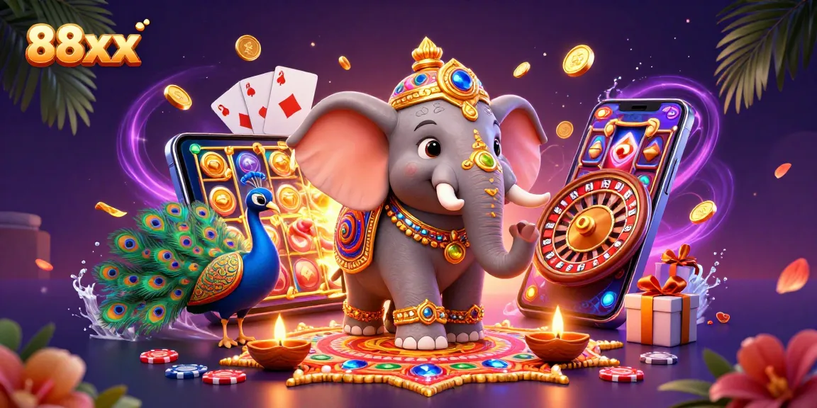 Experience the thrilling world of 88xx as vibrant elephants and peacocks animate a magical casino scene.
