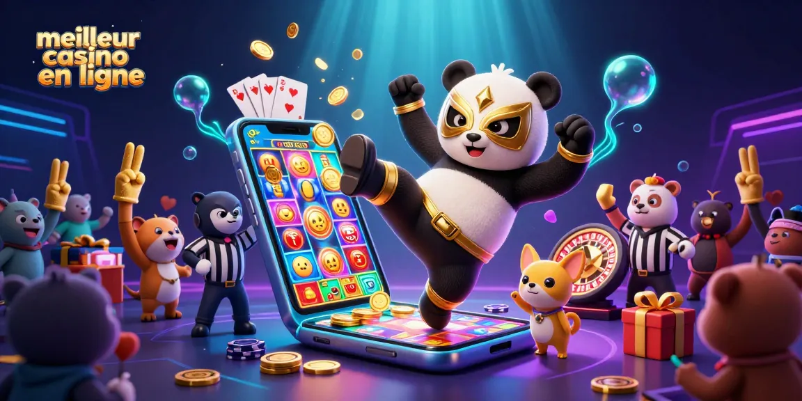 Image dynamique illustrant le meilleur casino en ligne avec un panda lutteur en vol, des jeux et des spectateurs enthousiastes.