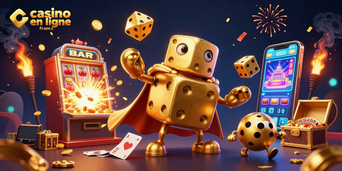 Découvrez casino en ligne france avec un golem de dés en or jonglant autour de jeux de casino colorés.