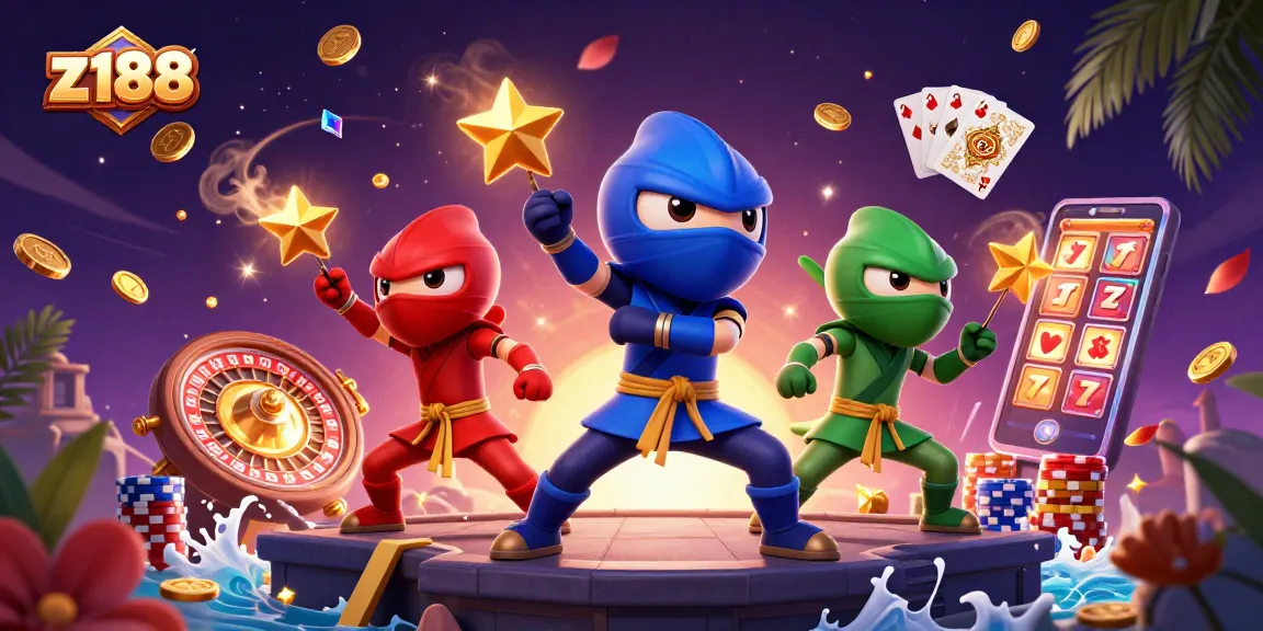 Experience the thrill of z188 with a vibrant illustration featuring ninja chameleons amidst casino elements.