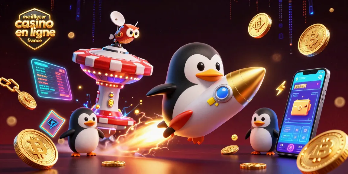 Recevez des gains au meilleur casino en ligne France avec un pingouin doré propulsé par fusée en pleine action.