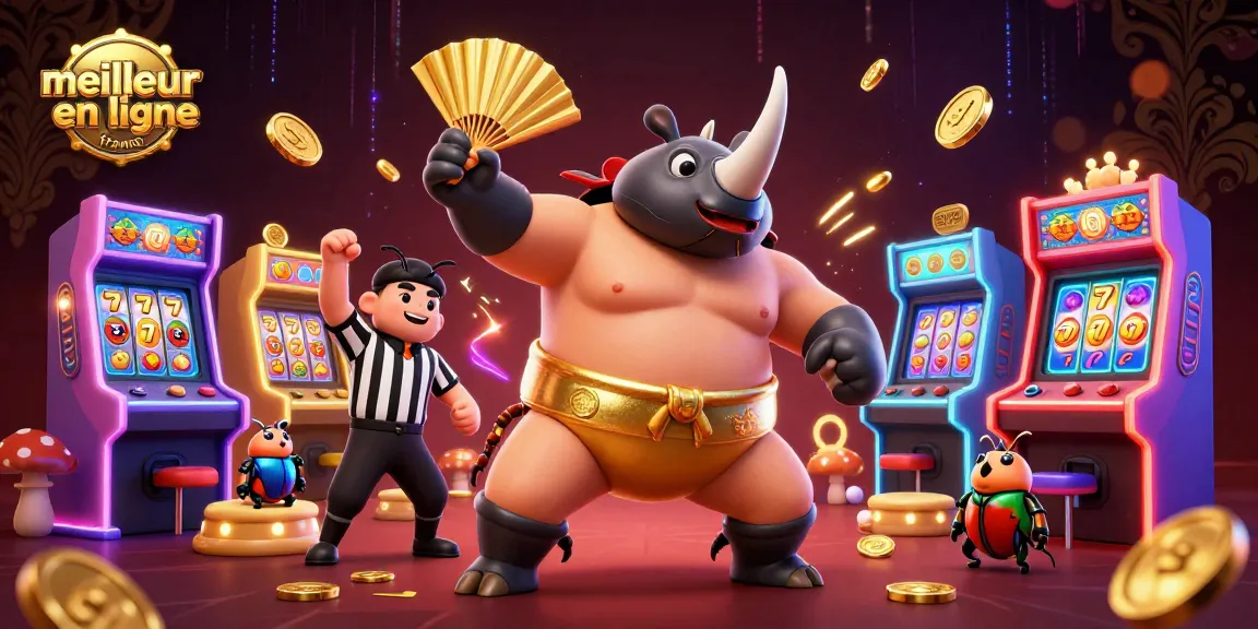 Admirez le rhinocéros sumo champion dans le meilleur casino en ligne France, envoyant des pièces d'or volantes.