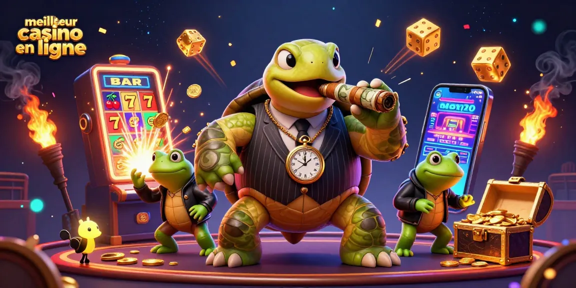 Jouer avec le meilleur casino en ligne dans une illustration ludique avec une tortue et des grenouilles.
