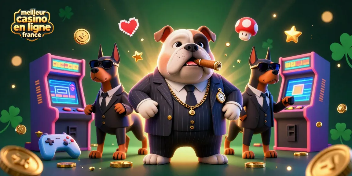 Illustration 3D représentant le meilleur casino en ligne France, avec un bulldog mafieux et des éléments de jeu colorés.